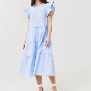 J. MARIE Women's Coco Midi Dress Blue White Gingham Lace Accent Prairie Tier XS